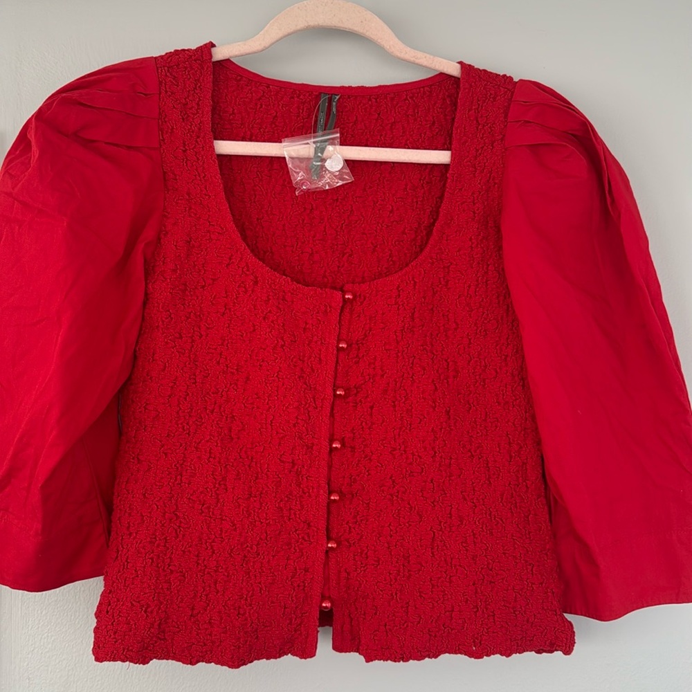 By Anthropologie Smocked Cardigan Top button blouse red M - Picture 2 of 8